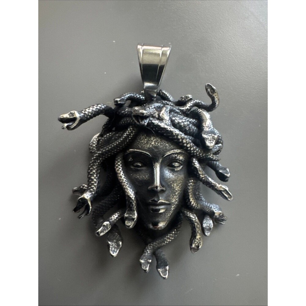 Medusa Face Head Pendant Dark Tone Silver 24 Inch Box Necklace Chain Unisex Gift